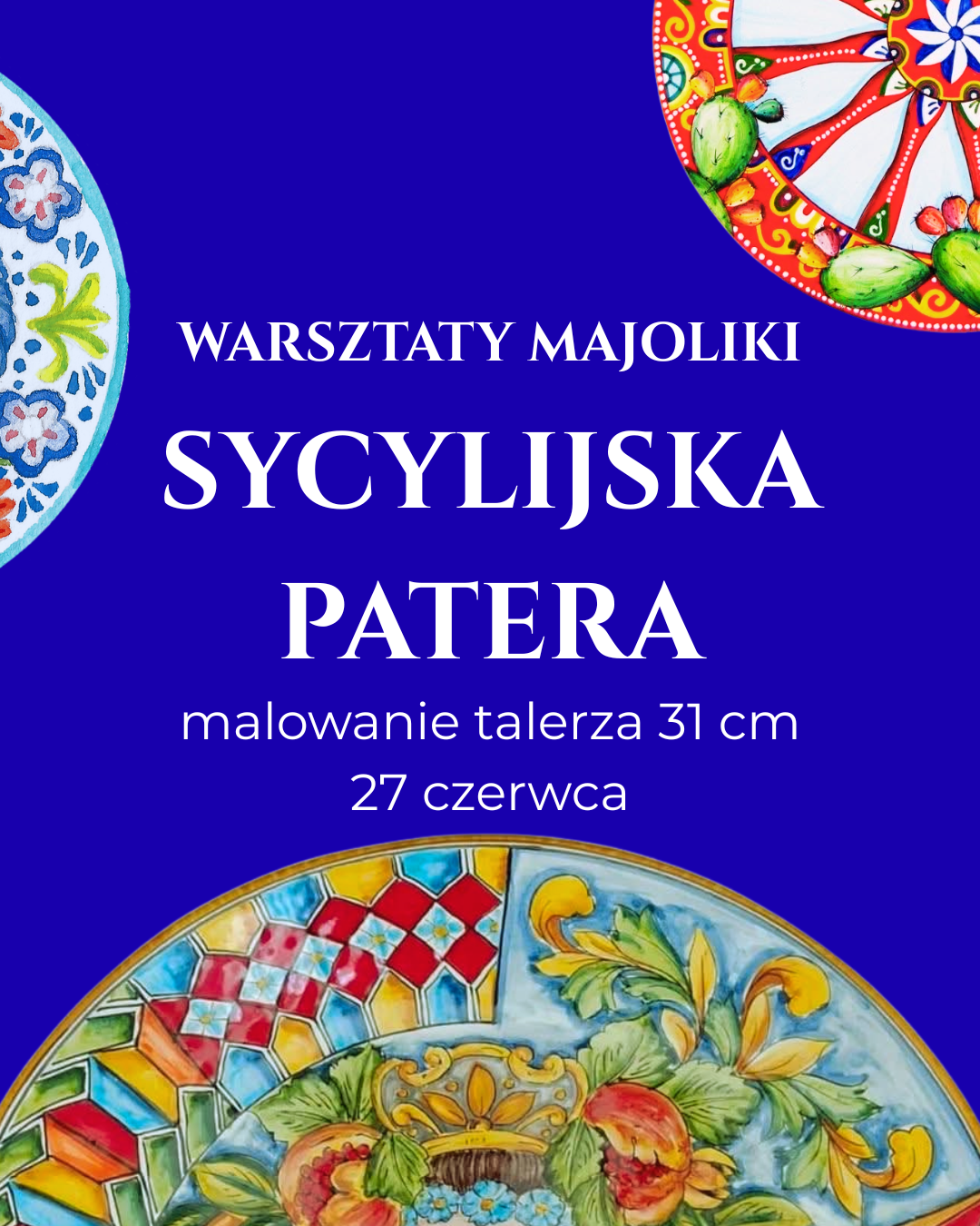Duża ceramiczna patera o średnicy 31 cm malowana w tradycyjne wzory sycylijskie techniką majoliki na warsztatach ceramiki w Warszawie.