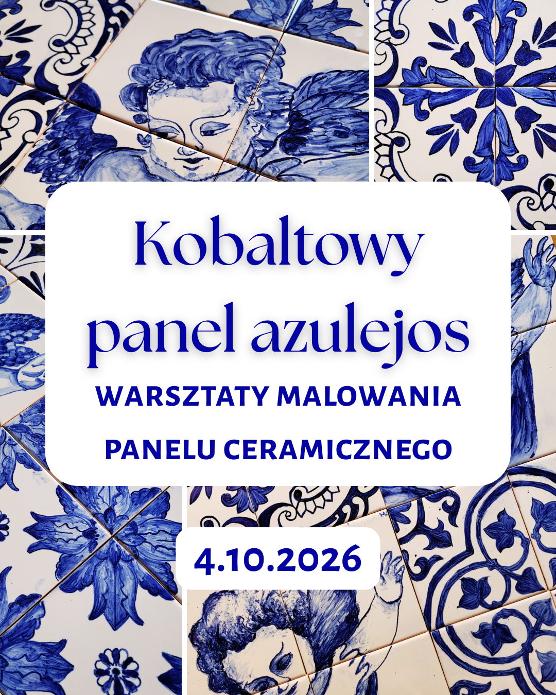 Kobaltowy panel azulejos z 4 płytek ceramicznych - warsztaty w Warszawie